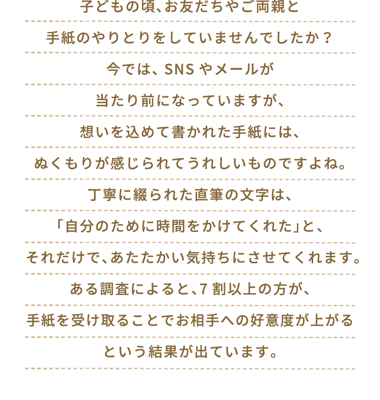 子どもの頃、お友だちやご両親と手紙のやりとりをしていませんでしたか？今では、SNSやメールが当たり前になっていますが、想いを込めて書かれた手紙は、ぬくもりが感じられてうれしいものですよね。丁寧に綴られた直筆の文字は、「自分のために時間をかけてくれた」と、それだけで、あたたかい気持ちにさせてくれます。ある調査によると、7割以上の方が、手紙を受け取ることでお相手への好意度が上がるという結果が出ています。